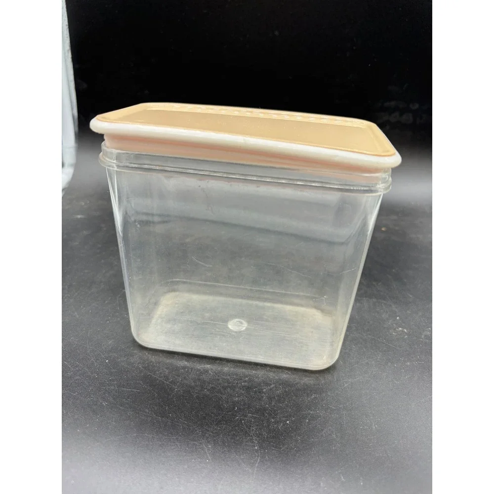 Vntg Clear Plastic Kitchen Canister Tan Lid Rectangular Storage Made‎ Hong Kong
